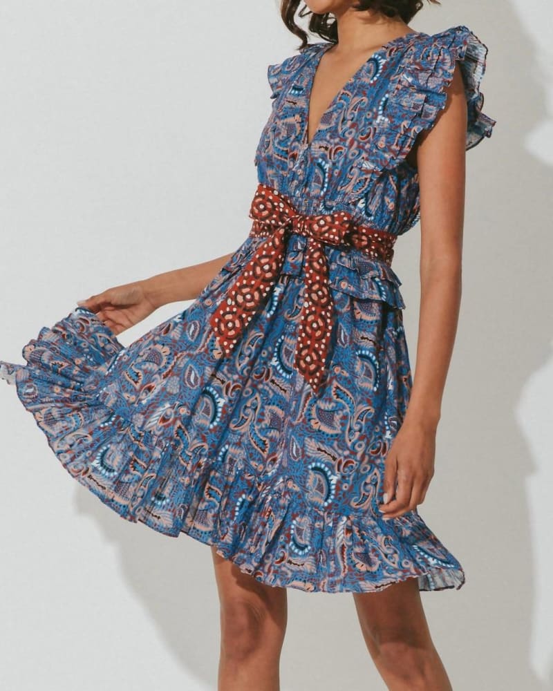 Front of a model wearing a size L Elara Mini Dress | Lazuli in Lazuli in Lazuli by Cleobella. | dia_product_style_image_id:342668